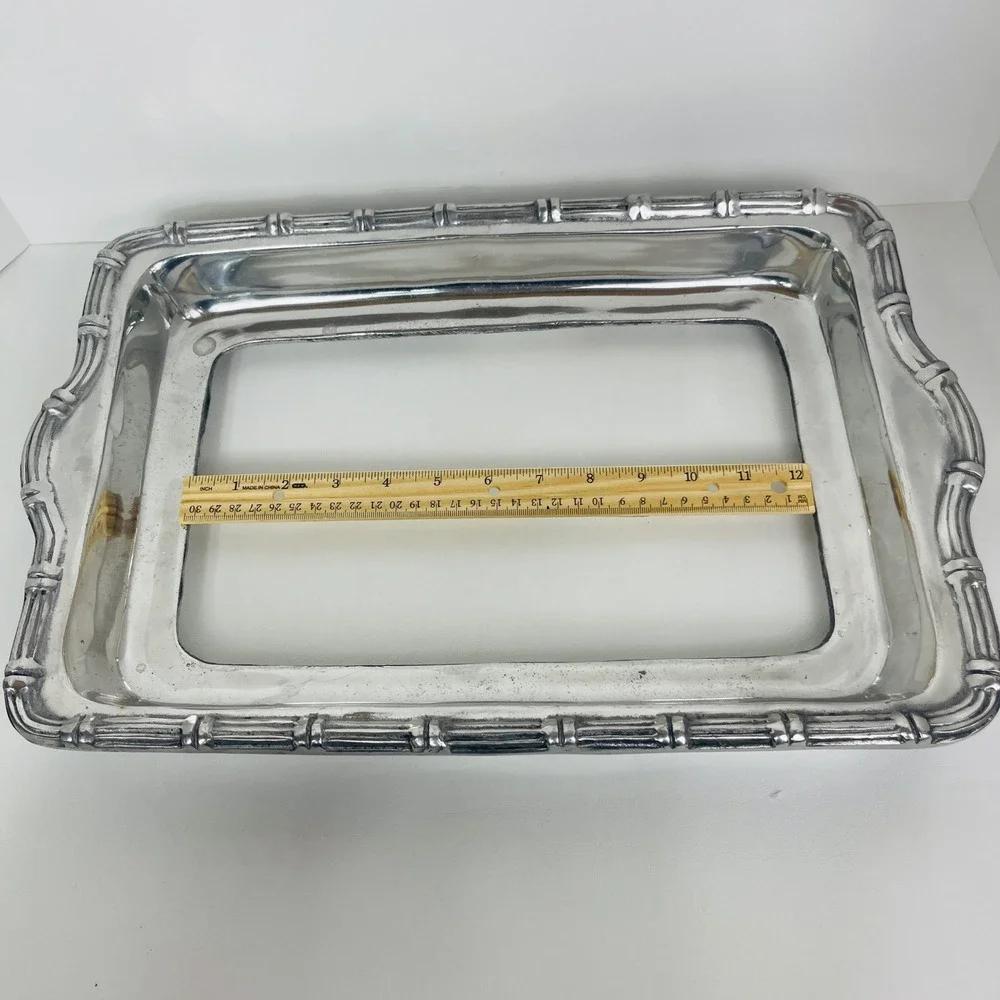Unbranded Casserole Dish Holder Silver Bamboo Trim Rectangular Pewter Good